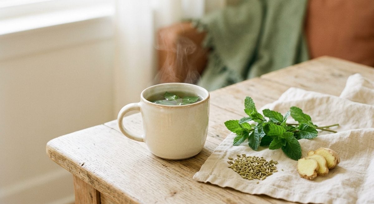 Tasse de tisane fumante avec branches de menthe et graines de fenouil posées à côté, lumière chaleureuse