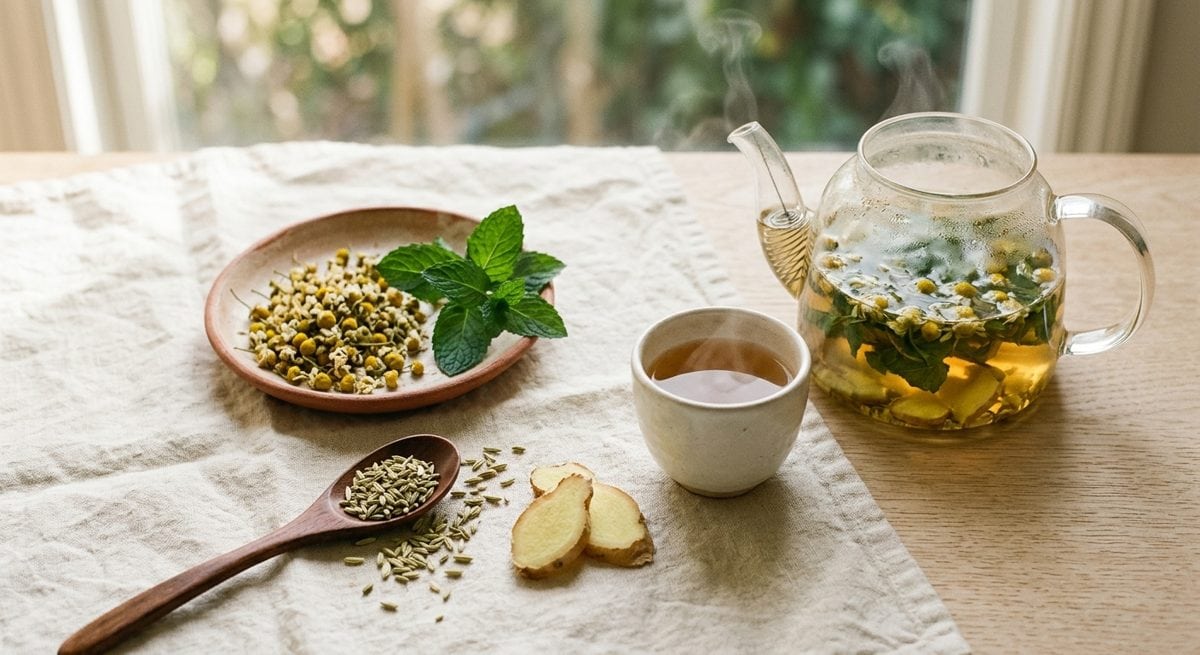 Camomille, menthe poivrée, graines de fenouil et gingembre frais disposés autour d'une tasse d'infusion fumante
