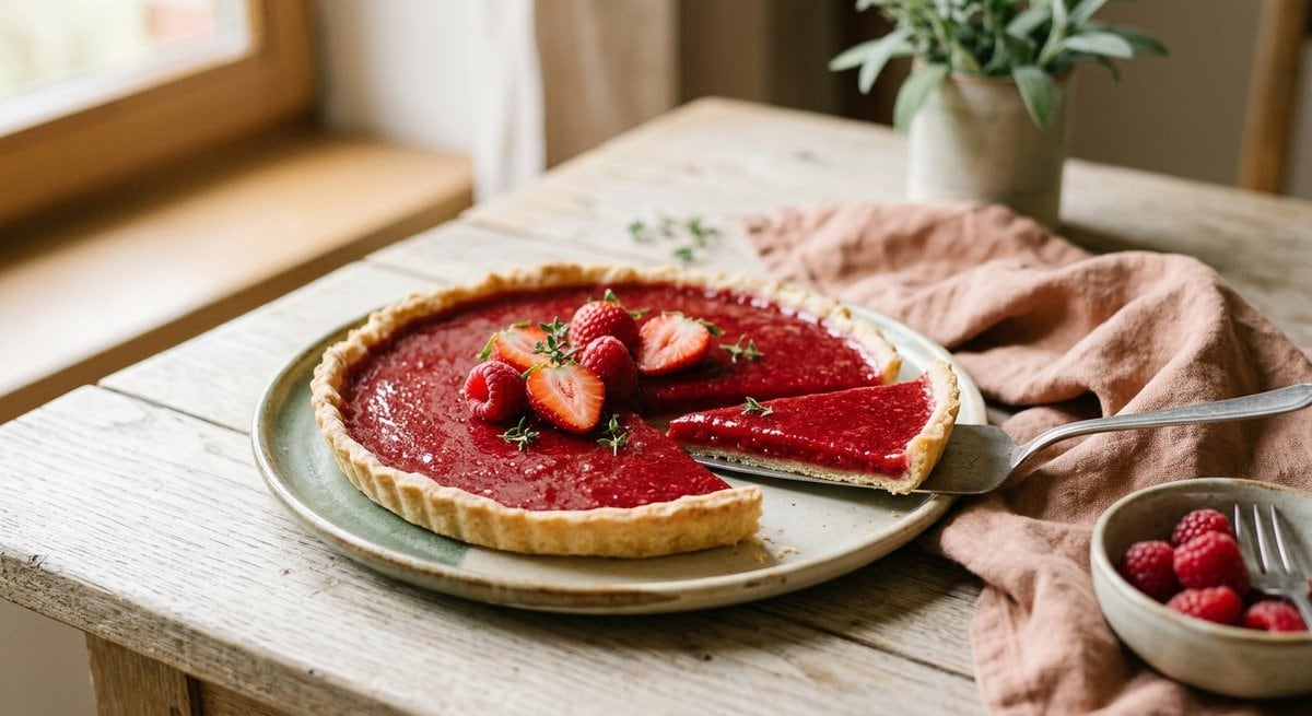 Tarte fine aux fruits rouges sans crème, sur un lit de coulis de fraises-framboises, version légère pauvre en FODMAP
