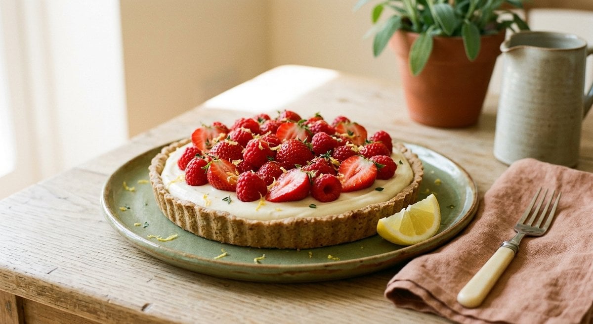 Tarte aux fruits rouges à la crème mascarpone-citron sans cuisson, garnie de fraises et framboises fraîches