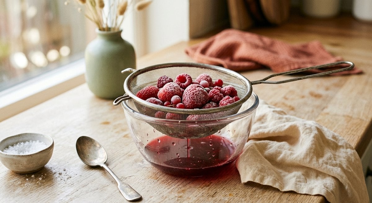 Fruits rouges surgelés en train de décongeler dans une passoire au-dessus d'un bol, pour une tarte réalisée hors saison