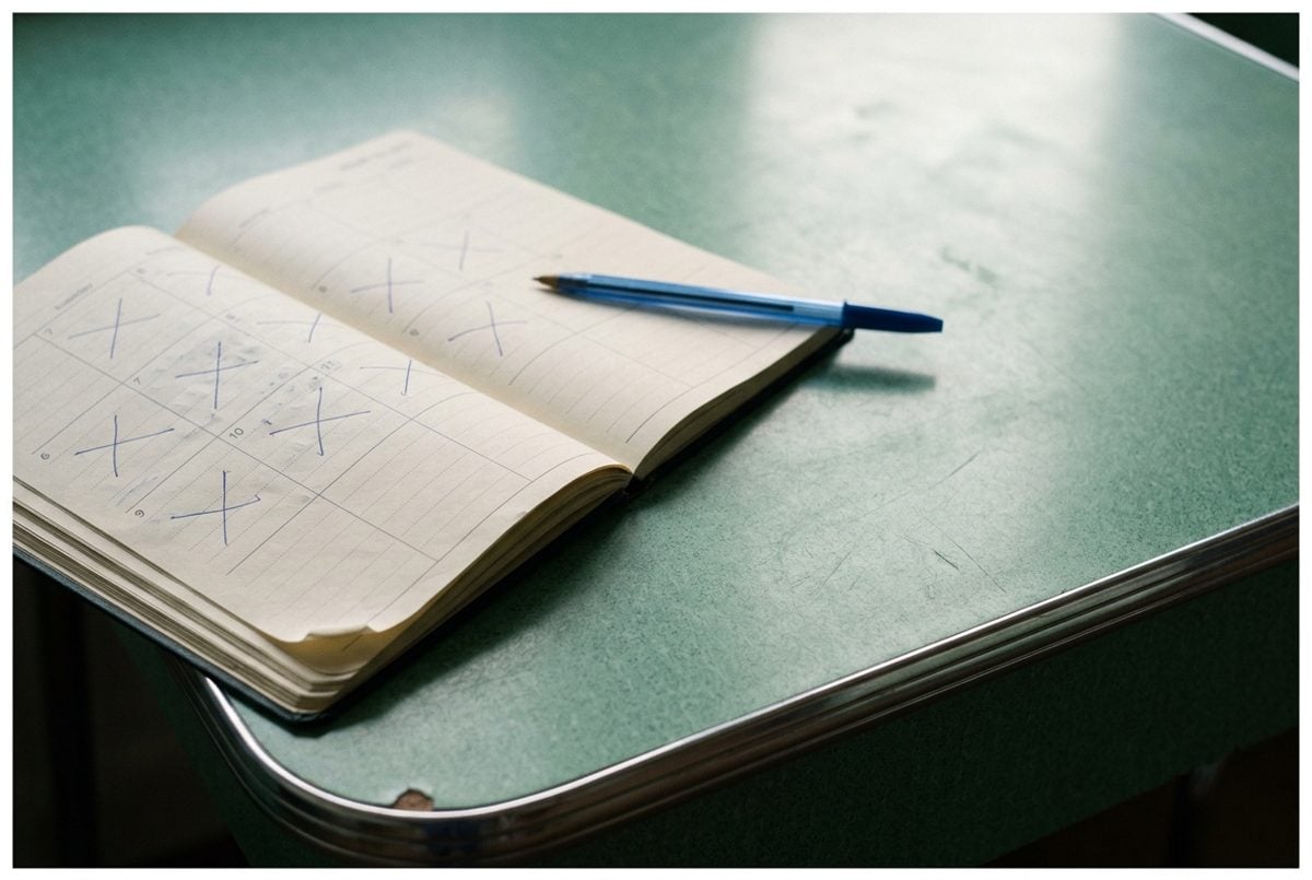 Agenda papier ouvert sur une table en formica vert d'eau, quelques jours marqués d'une croix au stylo