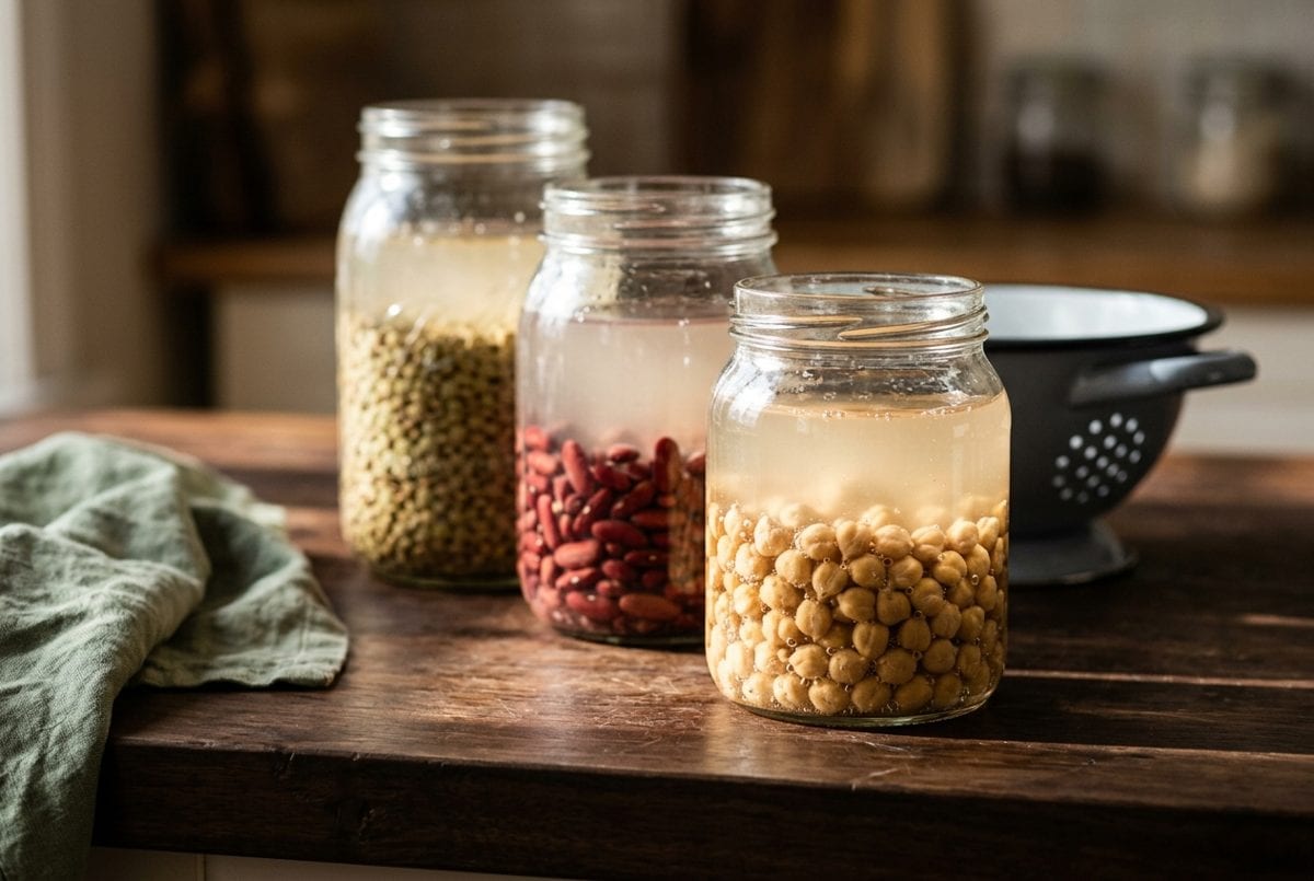 Bols de lentilles, de pois chiches et de haricots secs posés sur un plan de travail en pierre claire, aux côtés d'un chou-fleur et de gousses d'ail, lumière rasante du matin