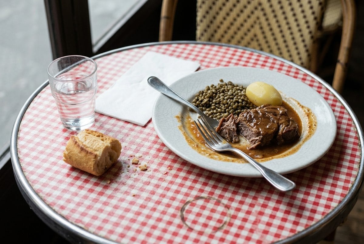Une assiette de plat du jour à peine entamée, repoussée sur une toile cirée à carreaux rouges, la fourchette posée en travers.