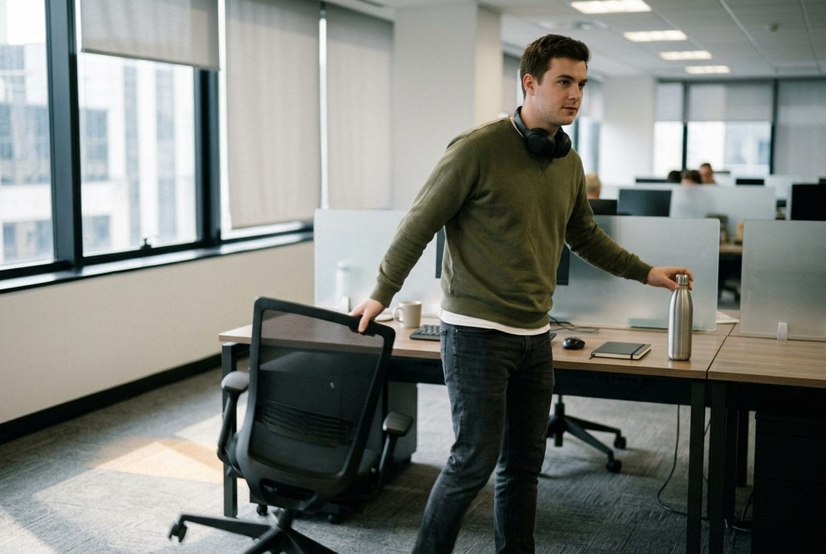 Homme jeune repoussant sa chaise et se levant de son bureau en open-space en fin de matinée