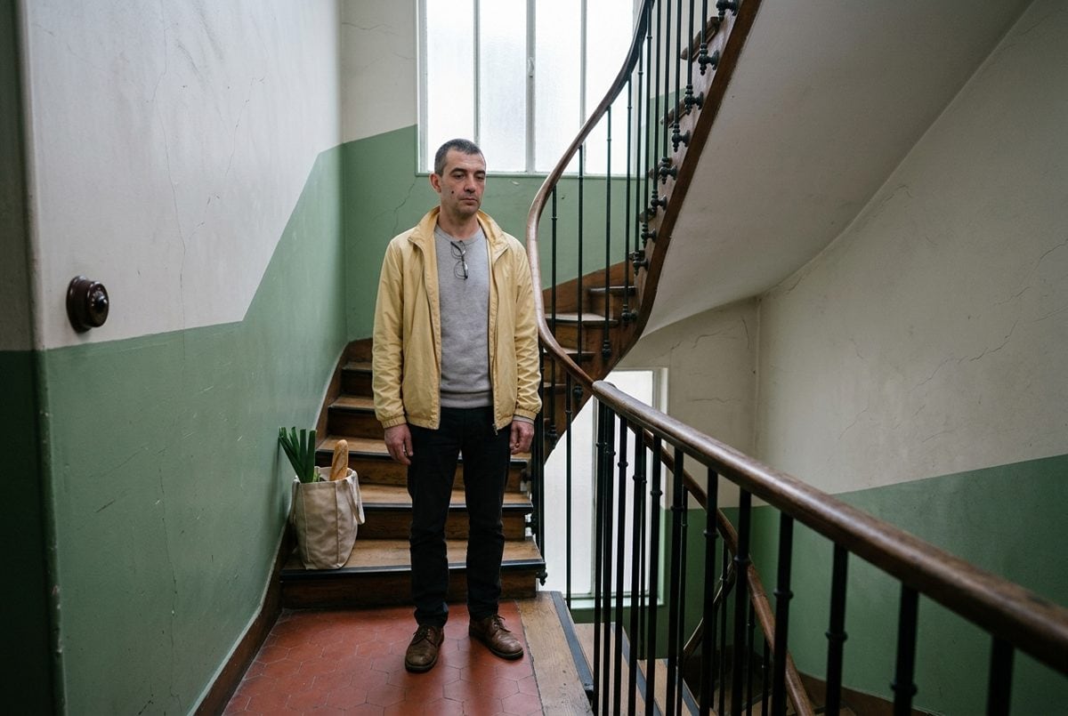 Un homme d'une quarantaine d'années s'arrête sur le palier d'une cage d'escalier ancienne, son sac de courses posé sur la marche.