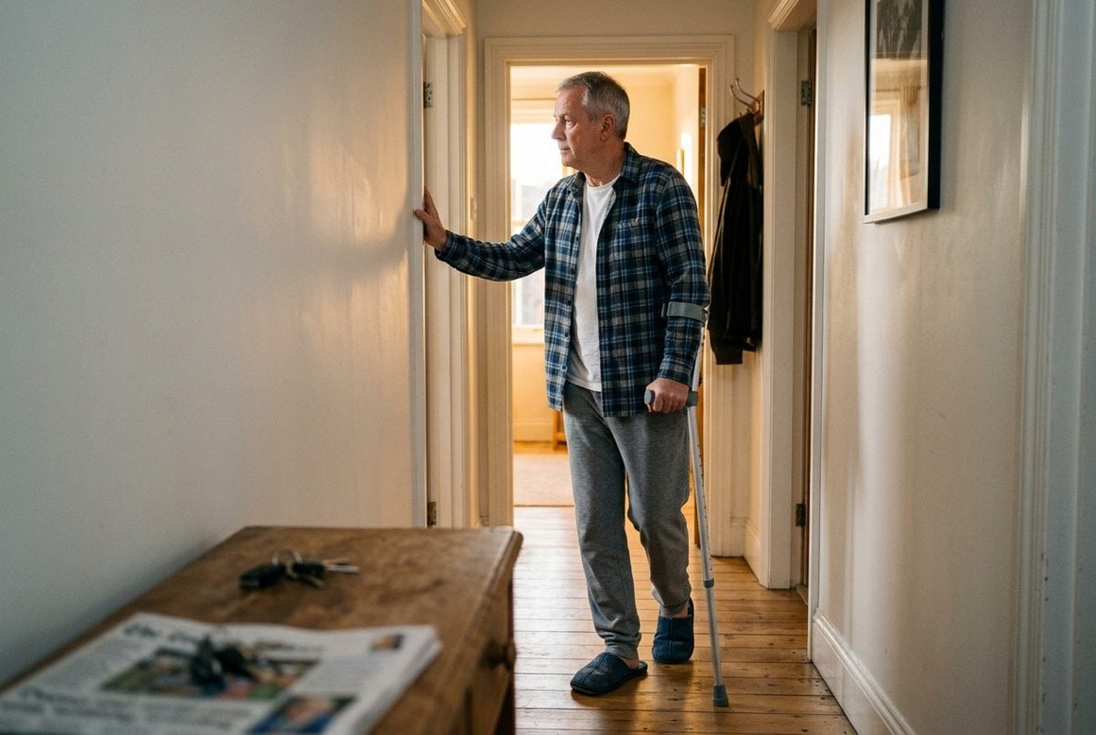Homme d'une soixantaine d'années marchant avec une béquille dans le couloir de son appartement, vers la lumière