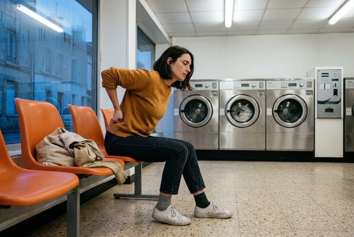 Une femme d'une trentaine d'années, assise dans une laverie automatique, étire le bas de son dos en attendant la fin du cycle.