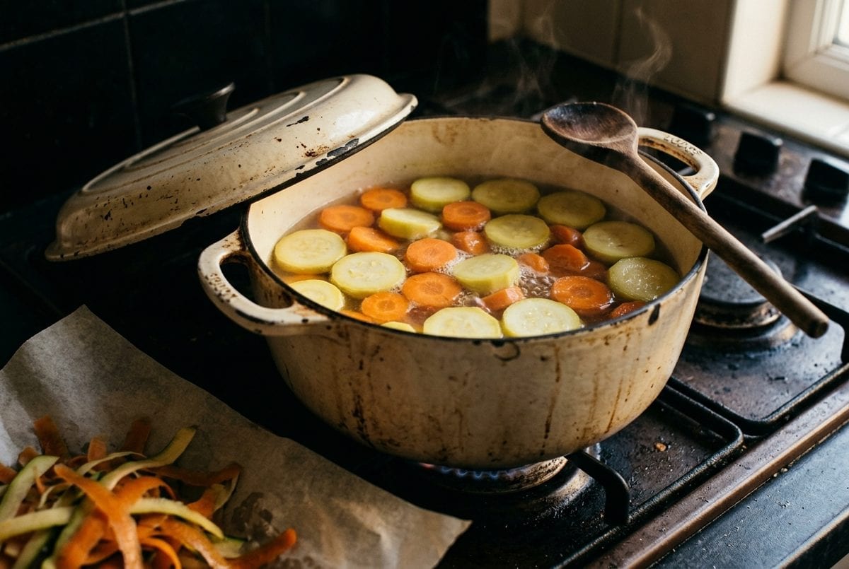 Carottes et courgettes pelées cuisant doucement dans une cocotte en fonte