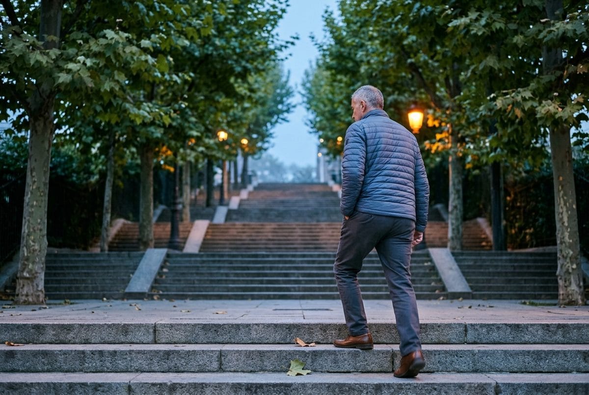 Homme d'une quarantaine d'années marchant sur un trottoir bordé d'arbres en début de soirée, veste ouverte, lumière basse et dorée