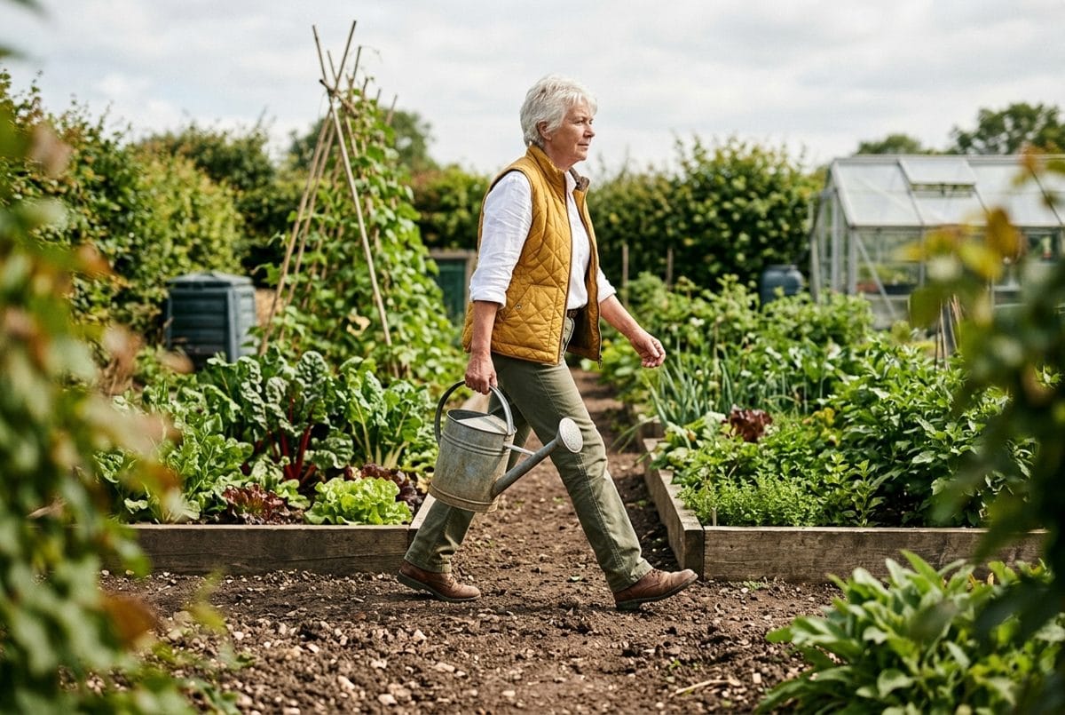 Femme aux cheveux blancs marchant d'un bon pas entre deux planches de culture d'un jardin potager, arrosoir à la main