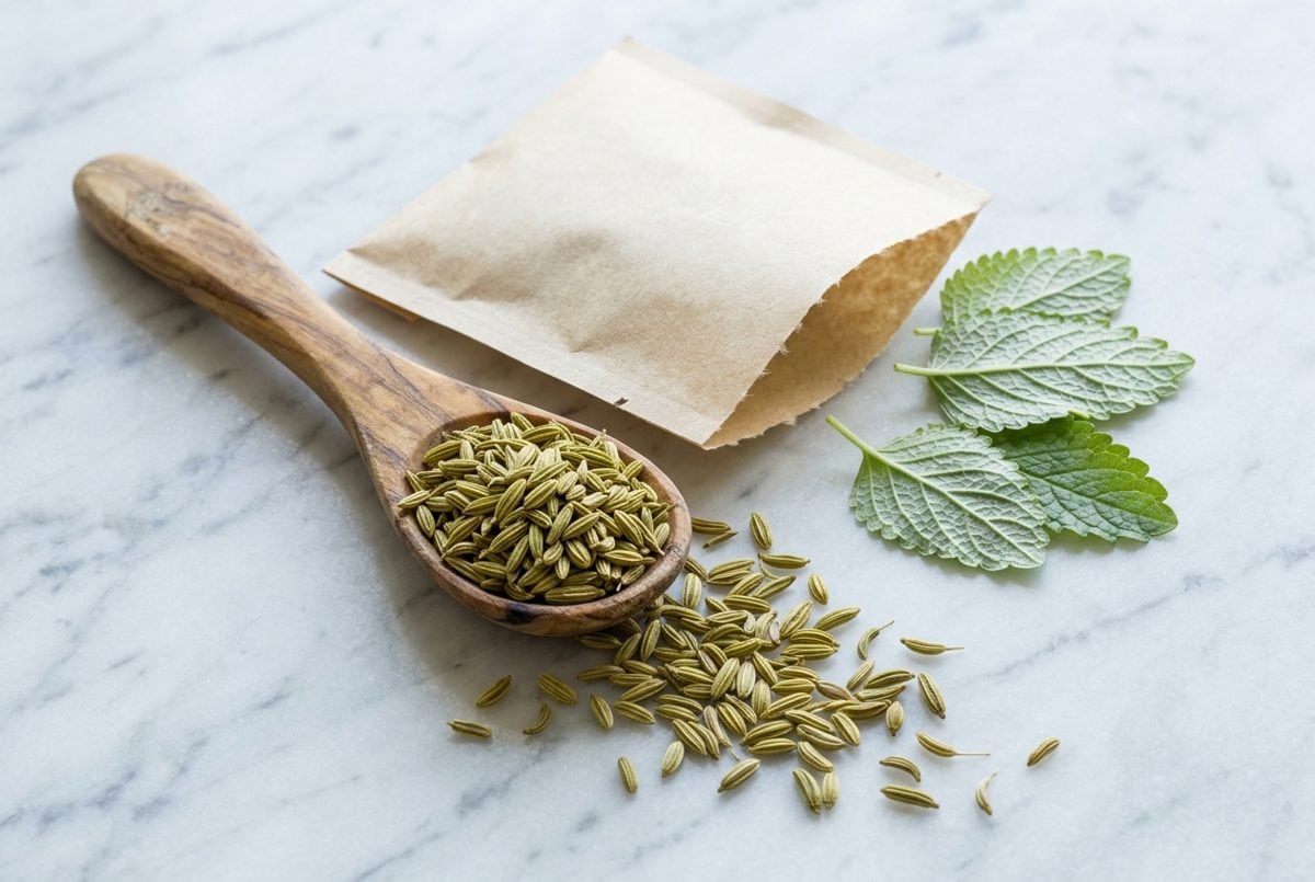 Ombelles de fenouil séchées, feuilles de mélisse fraîches et brins de menthe poivrée disposés sur un linge de lin écru, lumière diffuse d'atelier