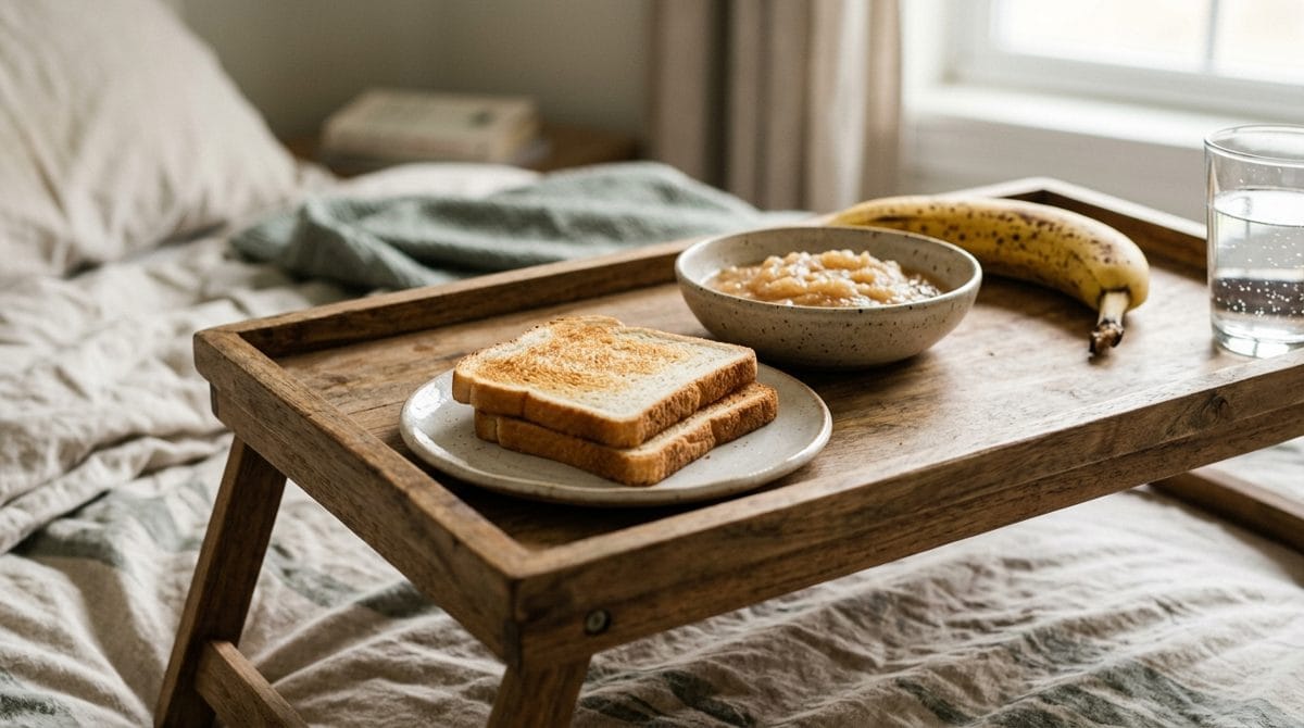 Plateau de lit avec du pain blanc grill&eacute;, un bol de compote de pomme et une banane m&ucirc;re