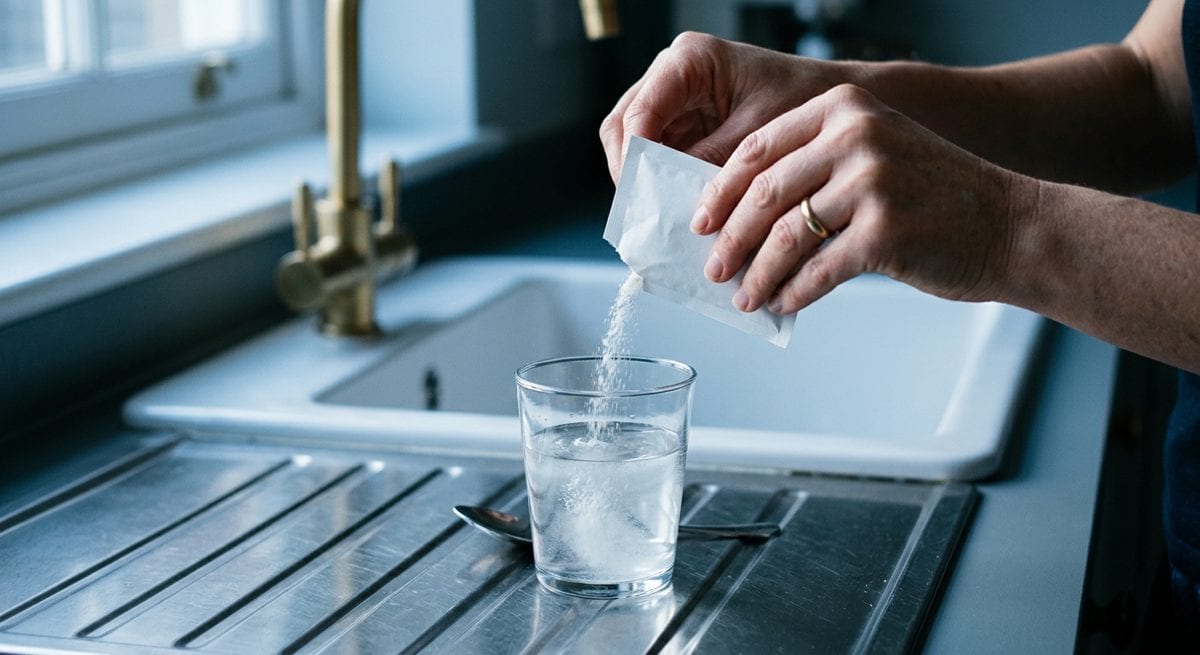 Poudre versée d'un sachet ouvert dans un grand verre d'eau, au-dessus d'un évier de cuisine, le matin