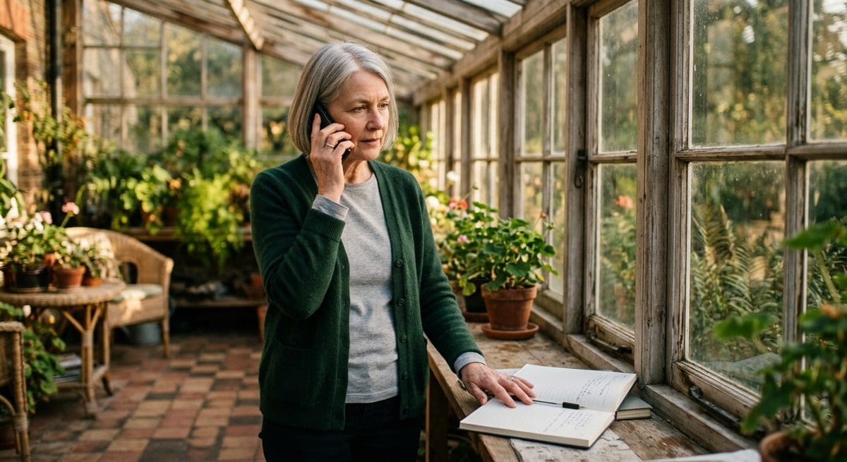 Femme d'une soixantaine d'années debout dans une véranda, au téléphone, un agenda ouvert posé sur l'appui de fenêtre