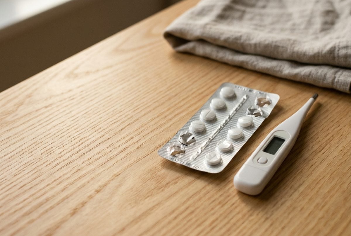 Plaquette d'antidiarrhéique entamée posée à côté d'un thermomètre digital sur une table en bois clair