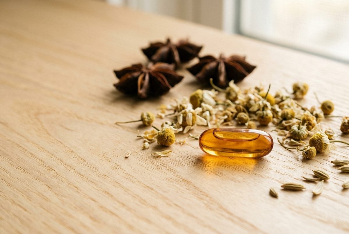 Macro d'une capsule gastro-résistante ambrée posée sur du bois clair, entourée de fleurs de camomille séchées et d'anis étoilé