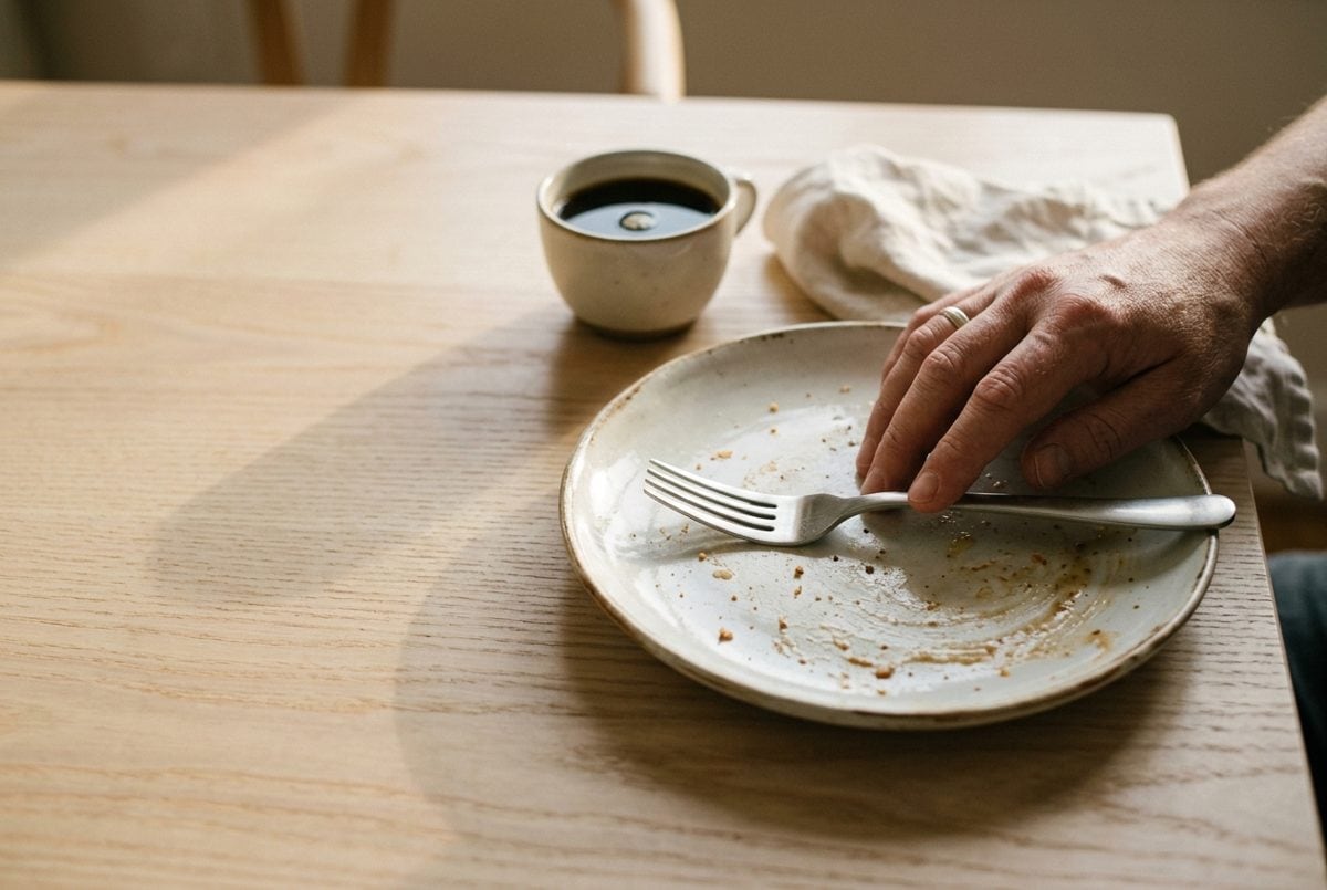 Main reposant une fourchette sur le bord d'une assiette en fin de repas, tasse de café à côté, lumière chaude de fin d'après-midi