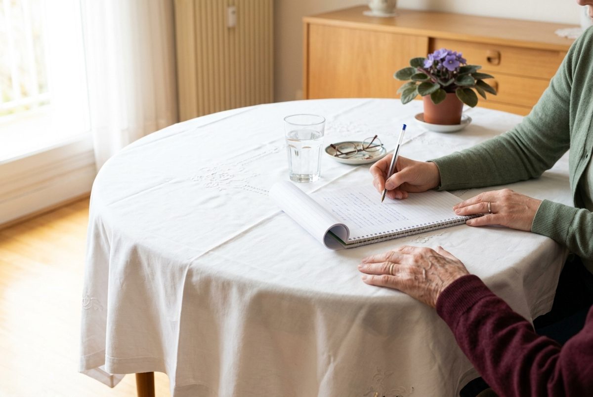 Sur la table de la salle à manger d'une personne âgée, une main d'adulte note quelque chose dans un carnet de liaison ouvert, à côté d'un verre d'eau ; une main plus âgée repose sur la nappe.