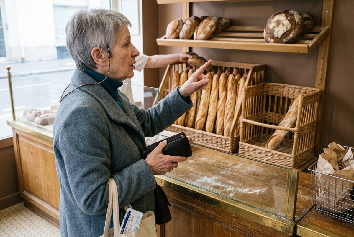 Une femme d'une soixantaine d'années, côté client au comptoir d'une boulangerie, désigne du doigt un pain complet plutôt que les baguettes posées devant elle.
