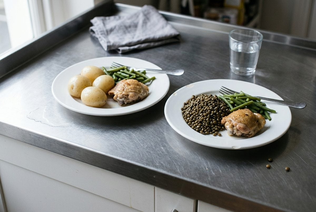 Deux assiettes blanches identiques côte à côte sur un plan de travail en inox brossé : à gauche des pommes de terre à l'eau, à droite la même assiette où les pommes de terre ont été remplacées par des lentilles.
