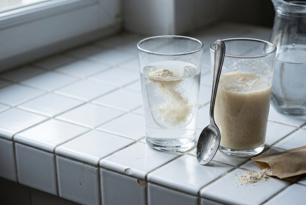 Deux verres côte à côte sur un plan de travail carrelé : dans le premier la poudre vient d'être versée dans l'eau, dans le second elle a déjà gonflé en gel.