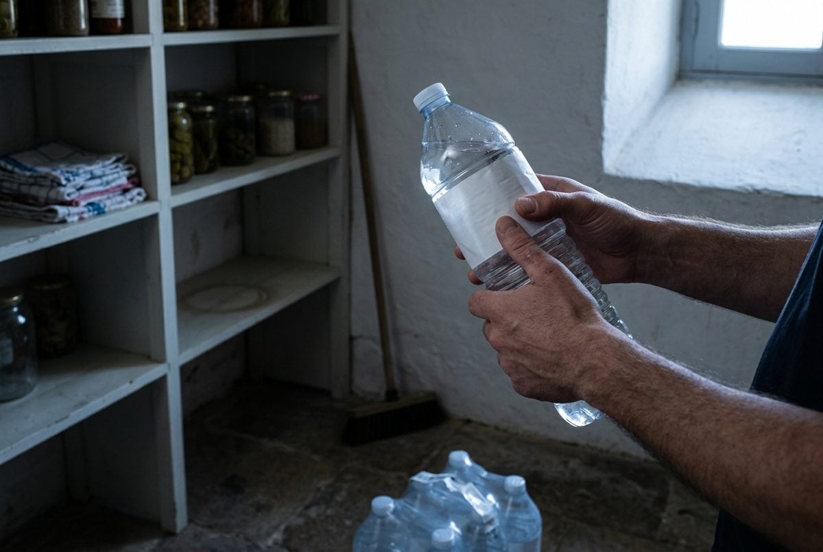 Deux mains tournent la bouteille d'eau minérale vers la lumière pour lire le tableau de composition sur l'étiquette, dans un cellier où un pack est posé au sol.