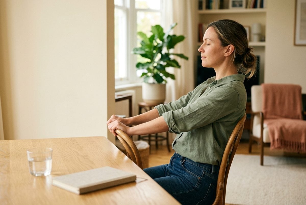 Femme assise à une table claire, mains sur le dossier de sa chaise, ouvrant la poitrine dans un étirement lent du dos
