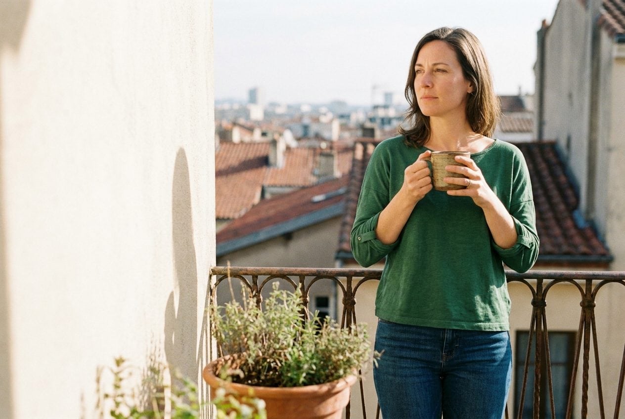 Femme d'une trentaine d'années sur un balcon le matin, tenant un mug à deux mains à hauteur du sternum