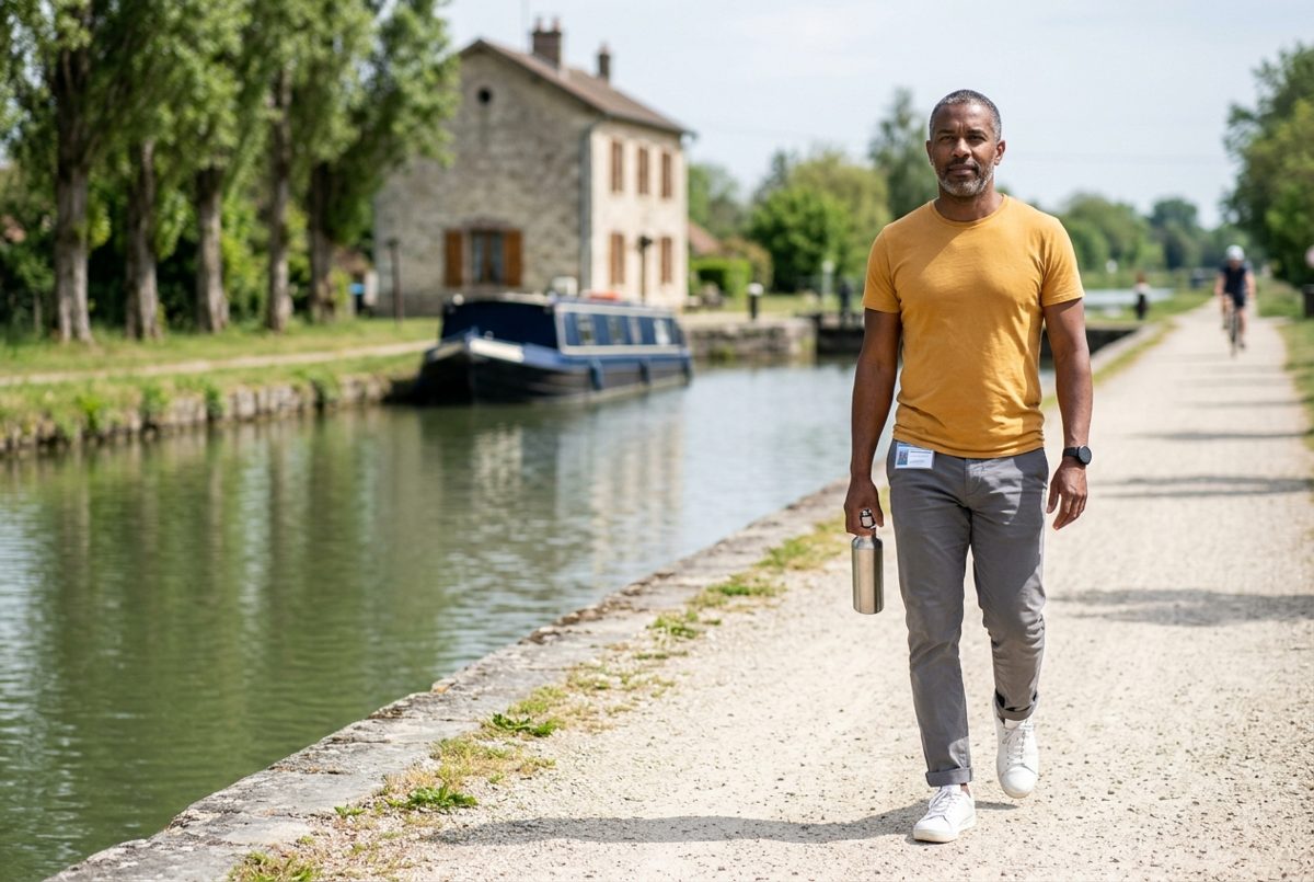 Un homme d'une quarantaine d'années marche d'un bon pas sur un chemin de halage au bord d'un canal, à l'heure du déjeuner, une gourde à la main.