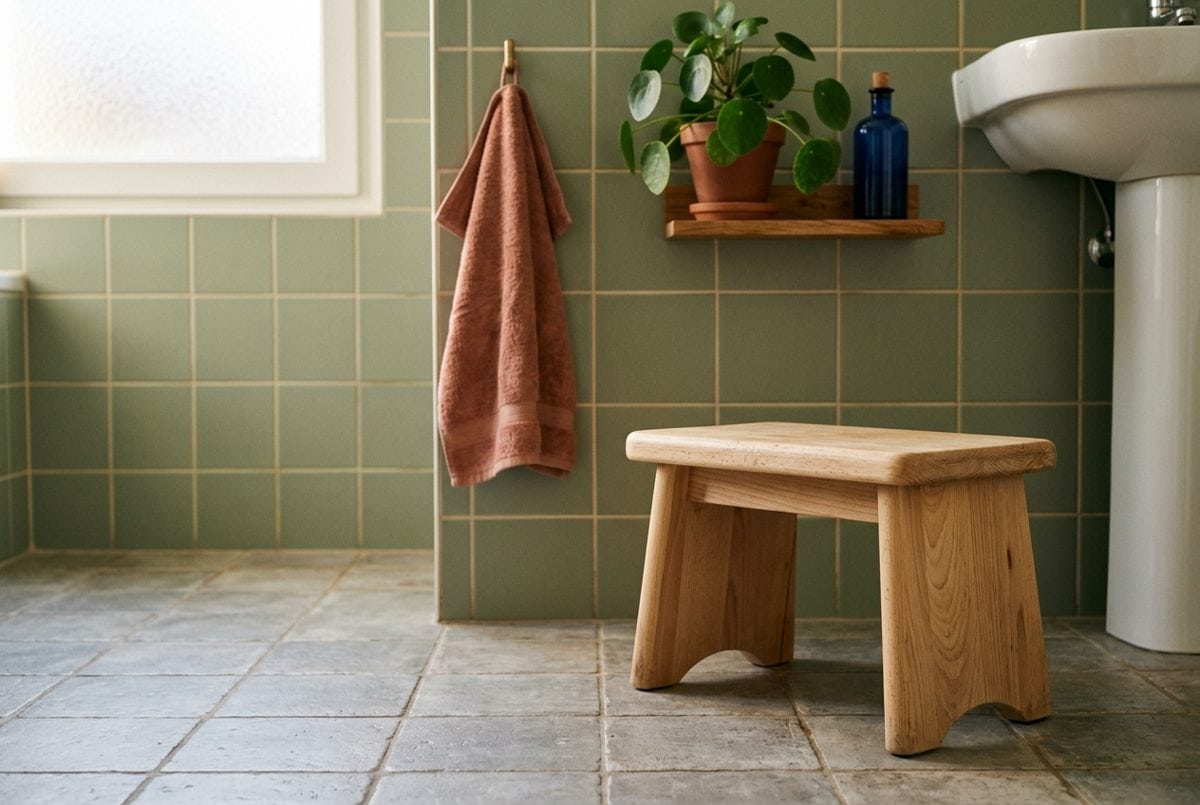Petit marchepied en hêtre clair posé sur le carrelage d'une salle de bain lumineuse aux faïences vert sauge