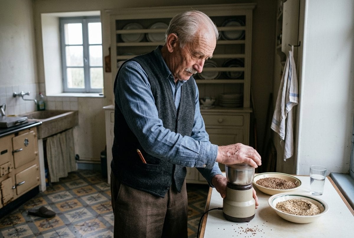 Un homme âgé moud des graines de lin dans un petit moulin électrique, debout devant le plan de travail d'une cuisine ancienne à carreaux de ciment.