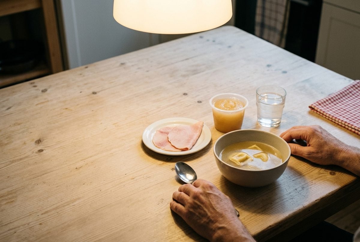 Dîner posé sur une table de cuisine sous une suspension chaude : bouillon clair, deux tranches de jambon et une compote, rien de vert ni d'entier