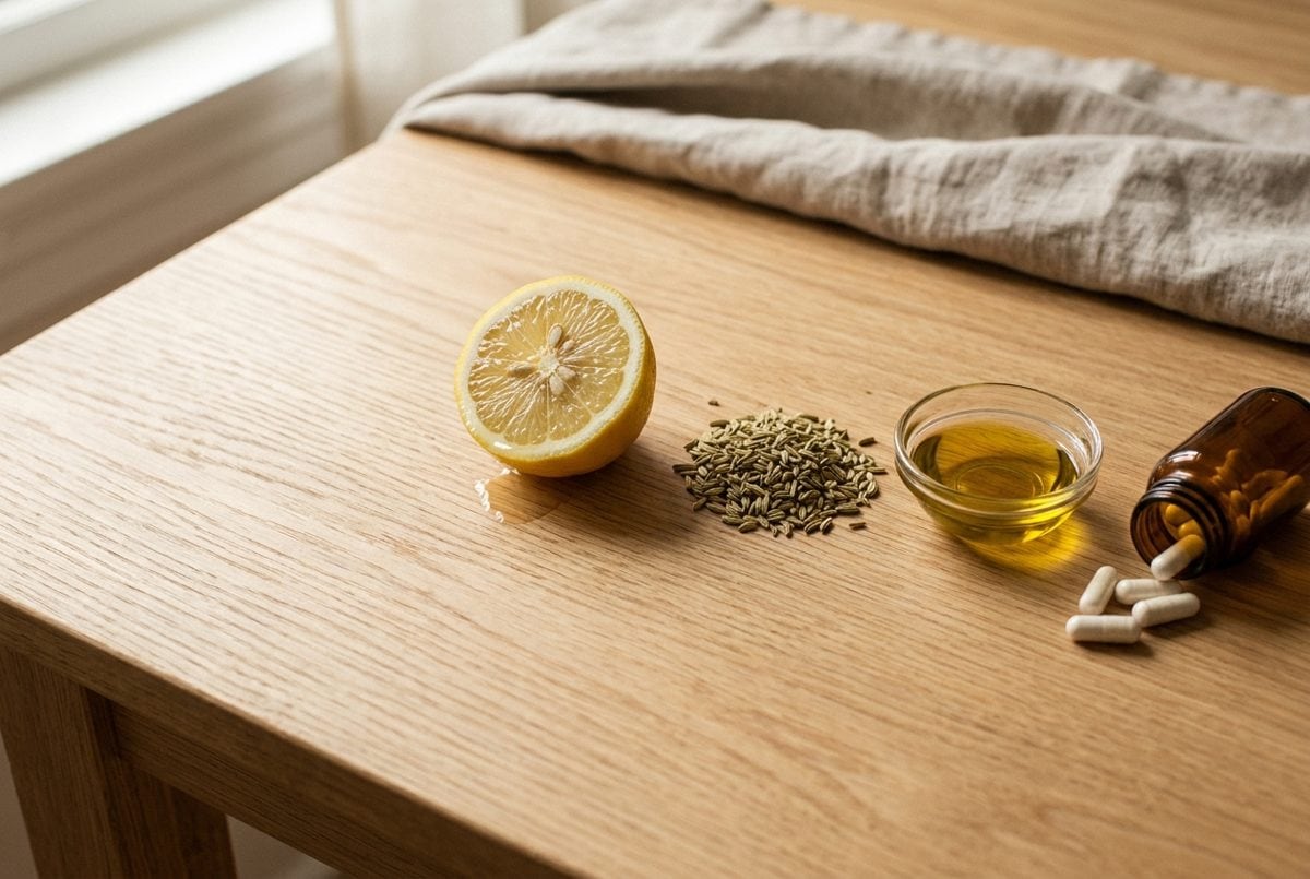 Citron coupé, graines de fenouil, huile d'olive et gélules alignés sur une table en bois clair, en lumière naturelle