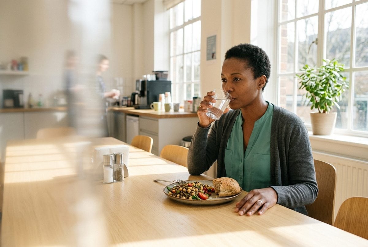 Femme d'environ trente-huit ans buvant un verre d'eau devant une assiette de lentilles a moitié mangée, dans une salle de pause lumineuse