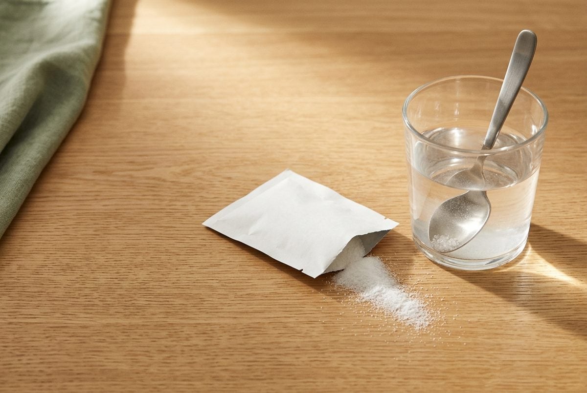Sachet de soluté de réhydratation orale ouvert et verre d'eau avec une cuillère, sur une table en bois clair