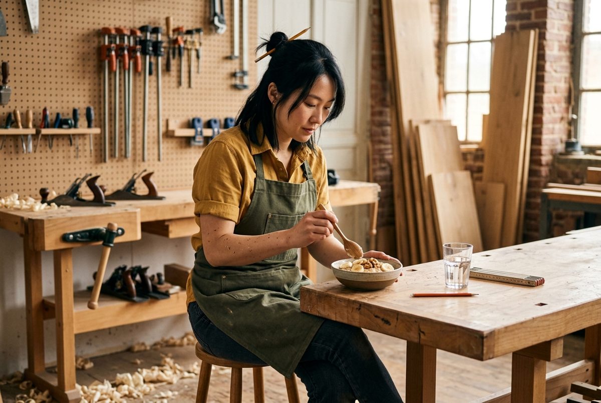 Dans un atelier de menuiserie, une jeune femme en tablier de travail fait une pause et mange un bol de flocons d'avoine garni de rondelles de banane, un verre d'eau posé sur l'établi.
