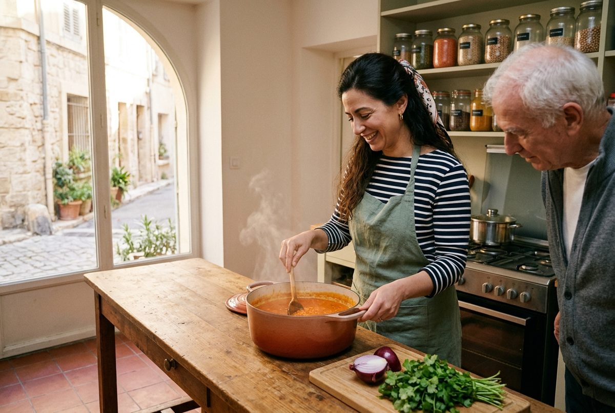 Cuisiner les légumineuses Dans un atelier de cuisine lumineux, une femme d'une quarantaine d'années remue en souriant une marmite de soupe de lentilles corail, sous le regard d'un autre participant.