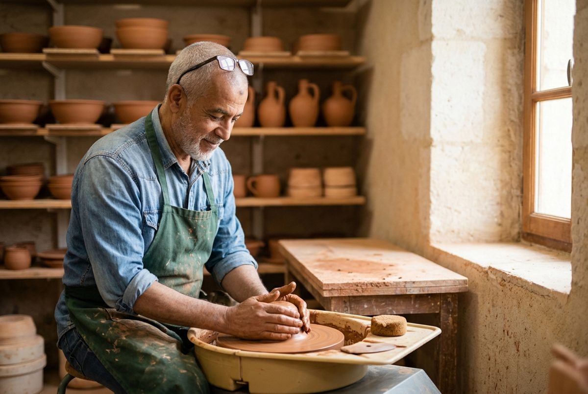 Dans un atelier de poterie aux murs de pierre, un homme d'une soixantaine d'années centre lentement une motte d'argile sur le tour, les mains mouillées, concentré et détendu.