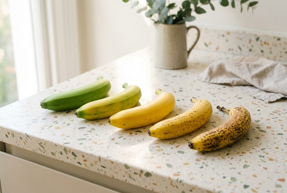 Cinq bananes alignées sur un plan de travail en terrazzo clair, de la plus verte à gauche à la plus tachetée de brun à droite, dans la lumière douce d'une fenêtre.