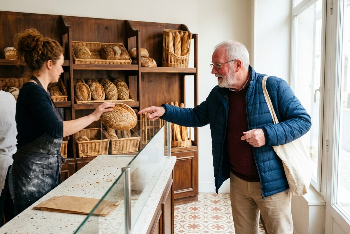 Dans une boulangerie de quartier, un homme d'environ soixante-huit ans désigne une miche de pain complet sur le présentoir, un sac en tissu à l'épaule.