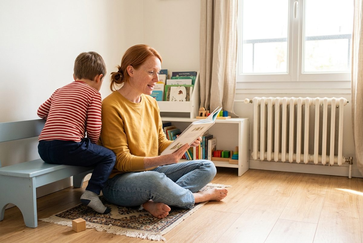 Dans une chambre d'enfant claire, une mère lit une histoire à son petit garçon, vu de dos, assis sur un petit banc en bois peint.