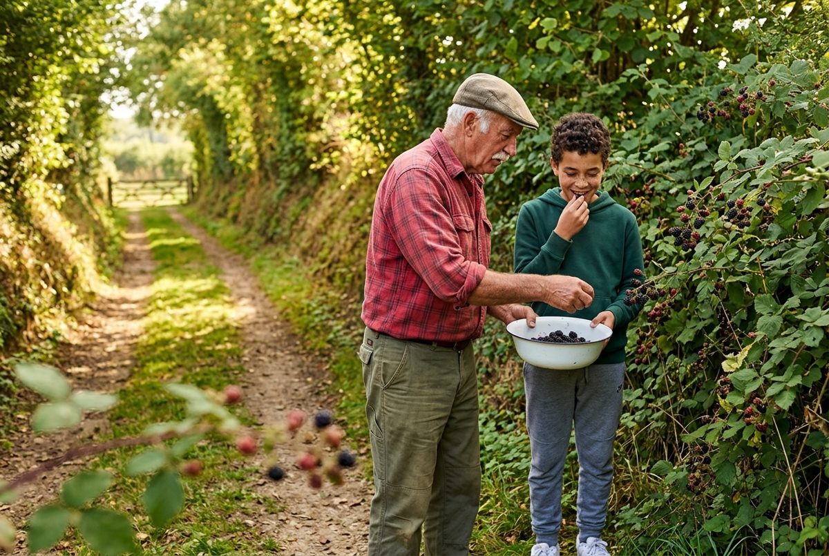 Sur un chemin creux bordé de ronces en fin d'été, un grand-père et son petit-fils d'une quinzaine d'années cueillent des mûres dans un bol en émail.