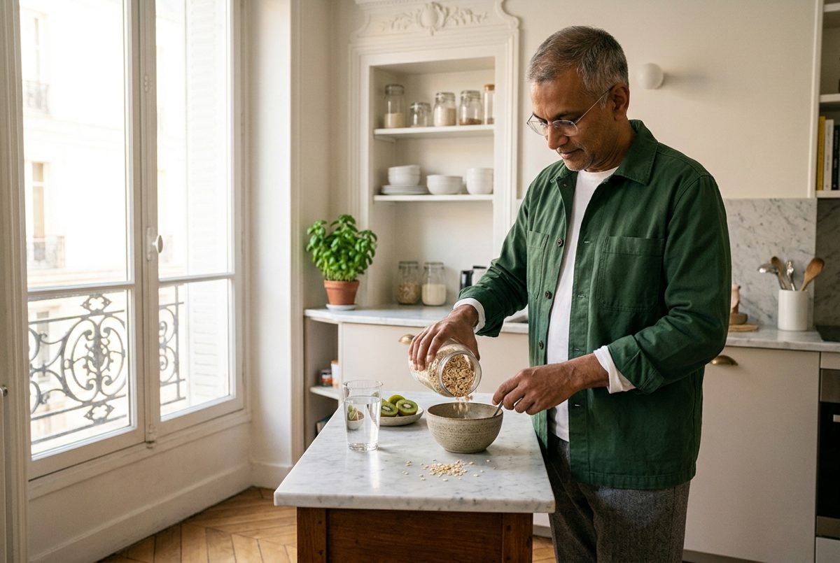 Dans la cuisine claire d'un appartement ancien, un homme d'une soixantaine d'années verse des flocons d'avoine dans un bol, un verre d'eau posé à côté, dans la lumière du matin.
