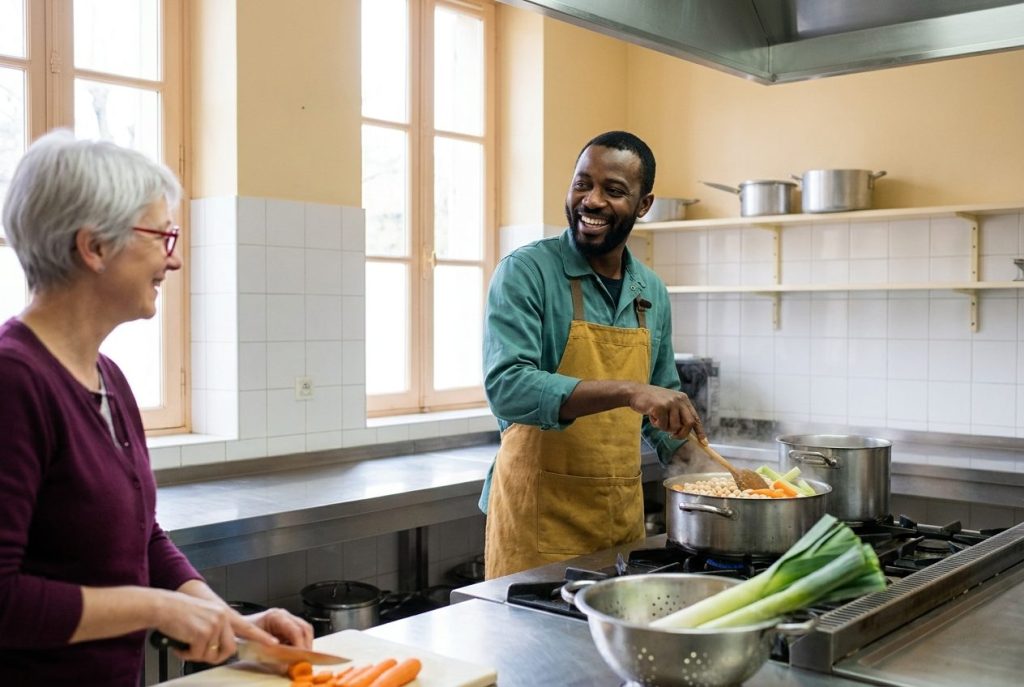 Dans la cuisine collective d'une maison de quartier, un homme d'une trentaine d'années remue une grande marmite de pois chiches et de légumes, sous le regard amusé d'une voisine qui coupe des carottes.