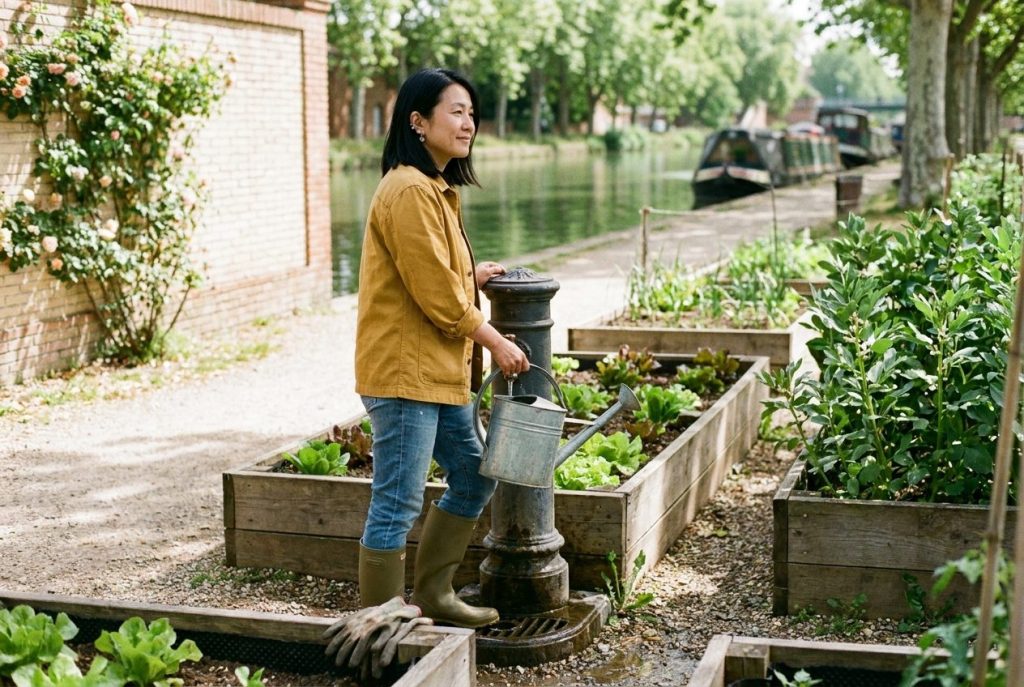 Dans un jardin partagé au bord d'un canal, une femme d'une quarantaine d'années remplit tranquillement un arrosoir à une fontaine, un matin de printemps.