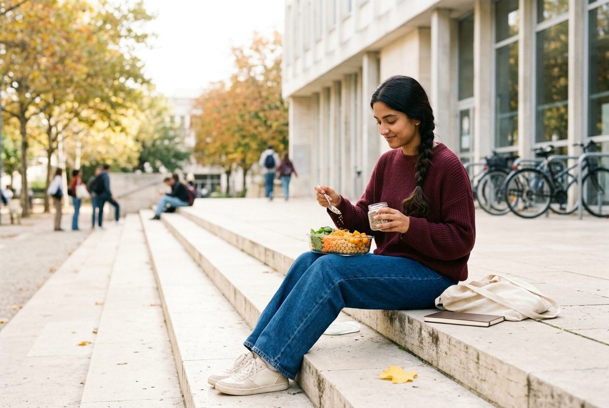 Assise sur les marches en pierre d'une bibliothèque universitaire, une étudiante parsème une cuillère de graines sur son bol de pois chiches et de légumes à l'heure du déjeuner.