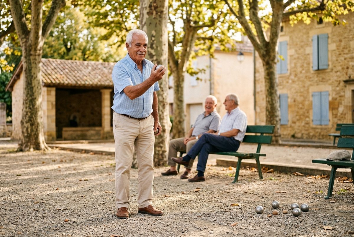 Sur la place ombragée d'un village, un homme d'environ 70 ans s'apprête à lancer une boule de pétanque, sous le regard amusé de deux amis assis sur un banc.