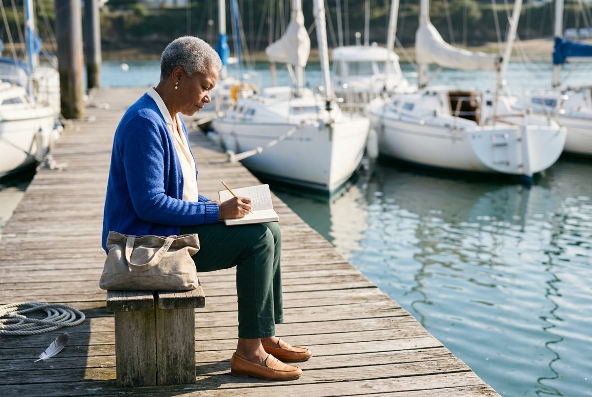 Assise au soleil sur un ponton de port de plaisance, une femme d'environ soixante-cinq ans note quelque chose dans un petit carnet posé sur ses genoux.