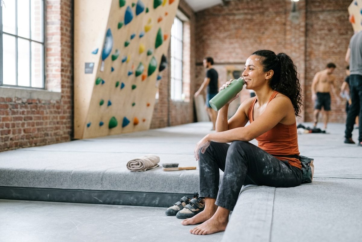 Dans une salle d'escalade de bloc lumineuse, une jeune femme d'une trentaine d'années fait une pause assise sur le tapis et boit à sa gourde en souriant.